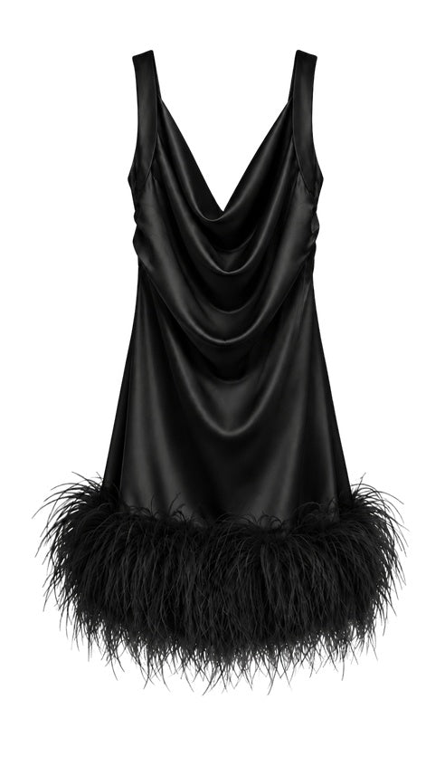 Vestido Cetim Dégagé com Plumas